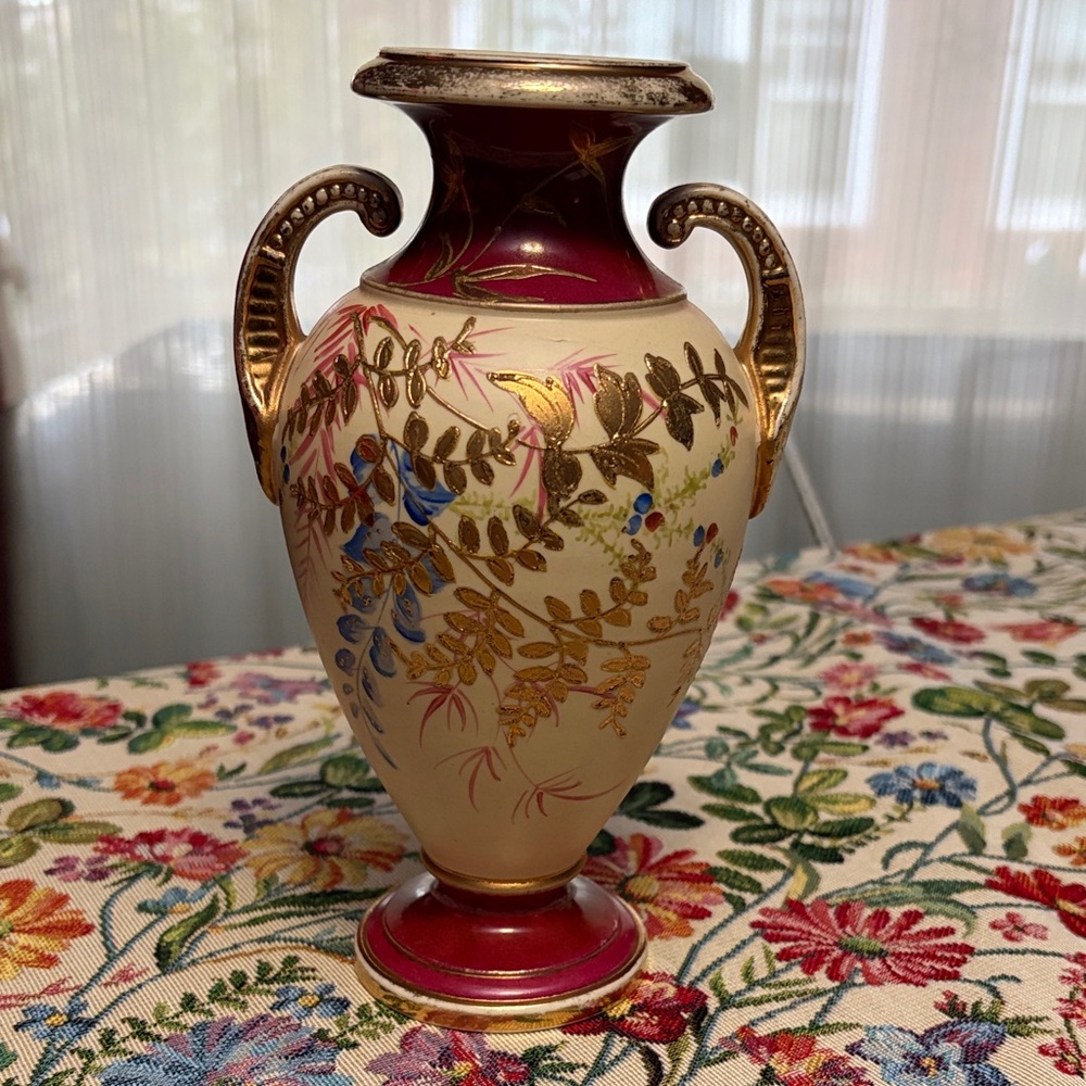 Decorative Burgundy and Cream Floral Vase with Gold Accents